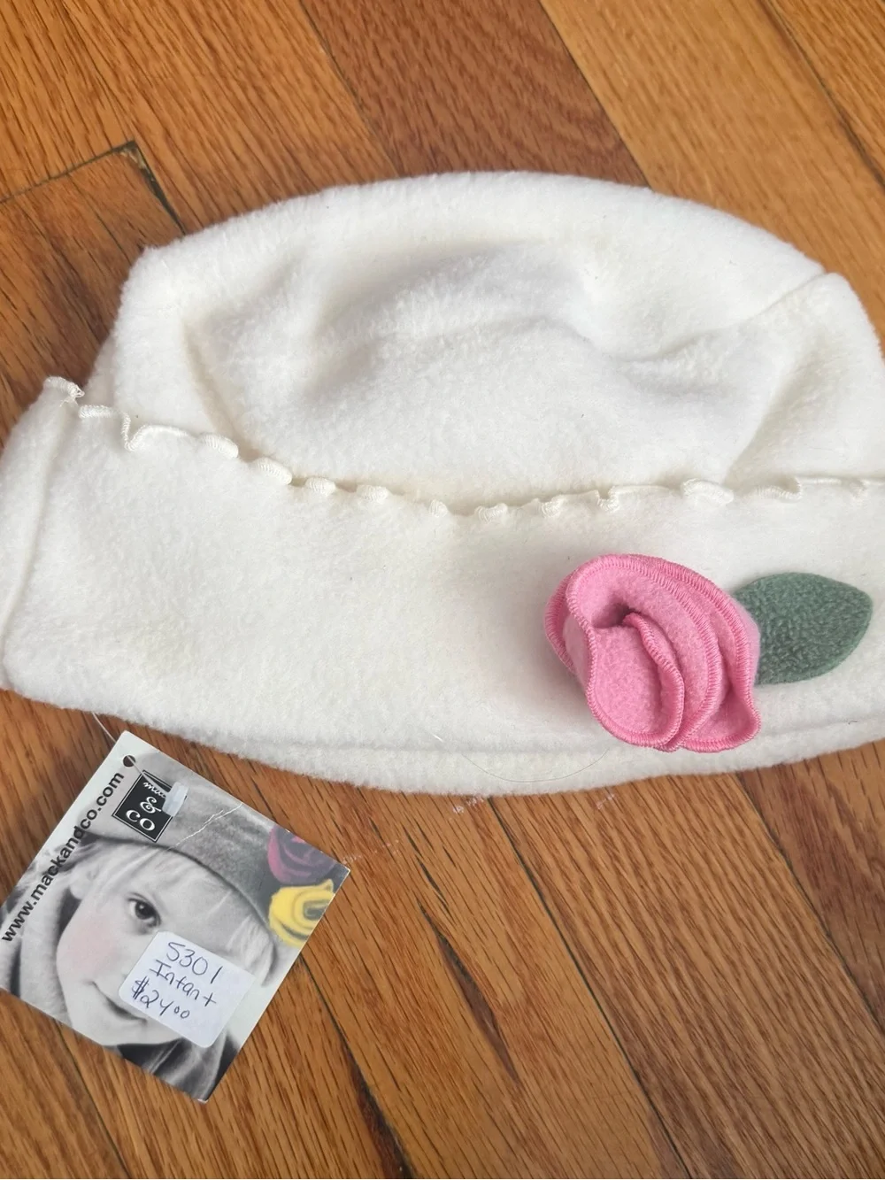 Kids Cream Fleece Hat with Pink Flower